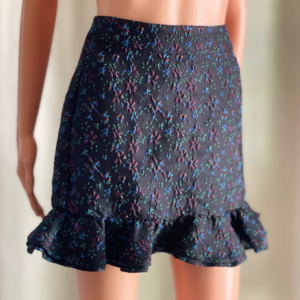NWT Essential Antwerp Black Floral Ruffled Mini Skirt Jacquard Coquette EU 36